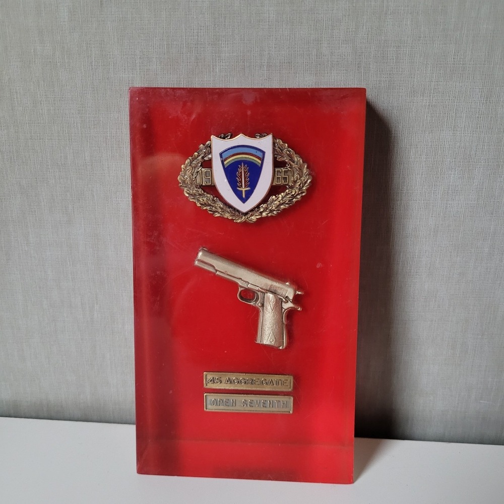 VTG 1965 US Army Marksmanship Award .45 Aggregate Open 7th Lucite Desk Trophy